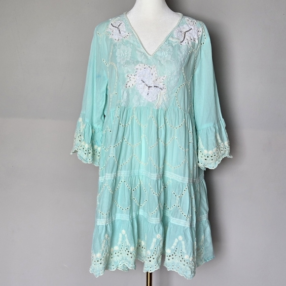 Marila Mint Green Embroidered Eyelet Sequin Dress India Boho Babydoll Tiered M - Picture 1 of 12